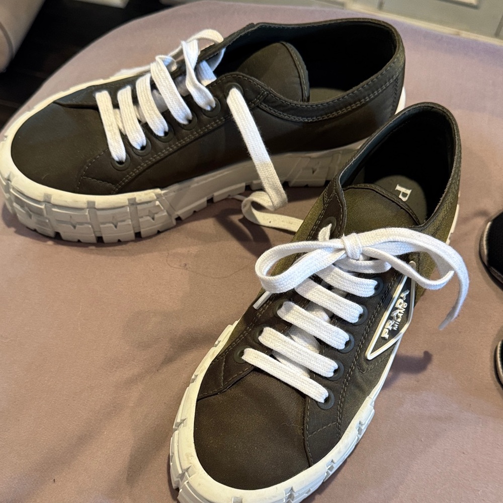 Prada Olive Canvas Low-Top Sneakers with White Sole